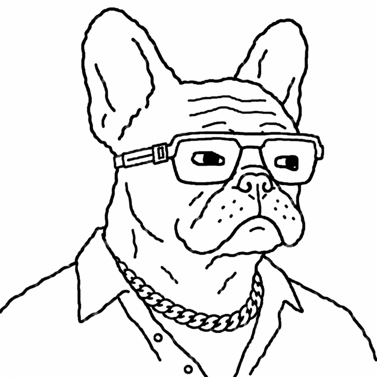 DAWGWojak bulldog with glasses, chain and an open collared shirt